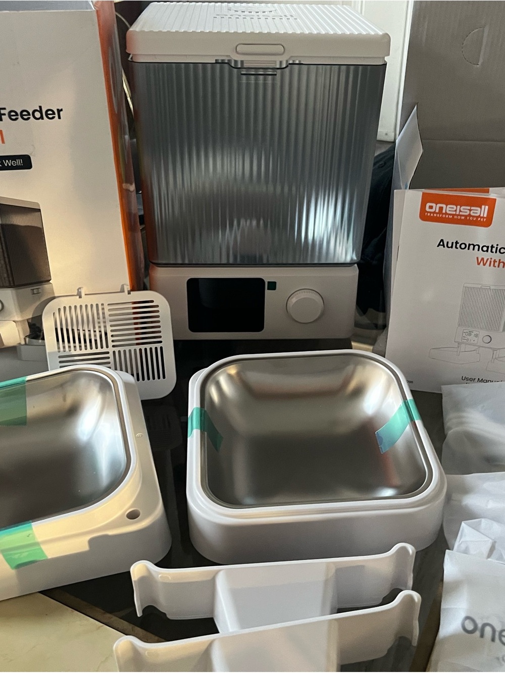 Onesail Automatic Pet Feeder with Stainless Steel Bowls - White & Silver